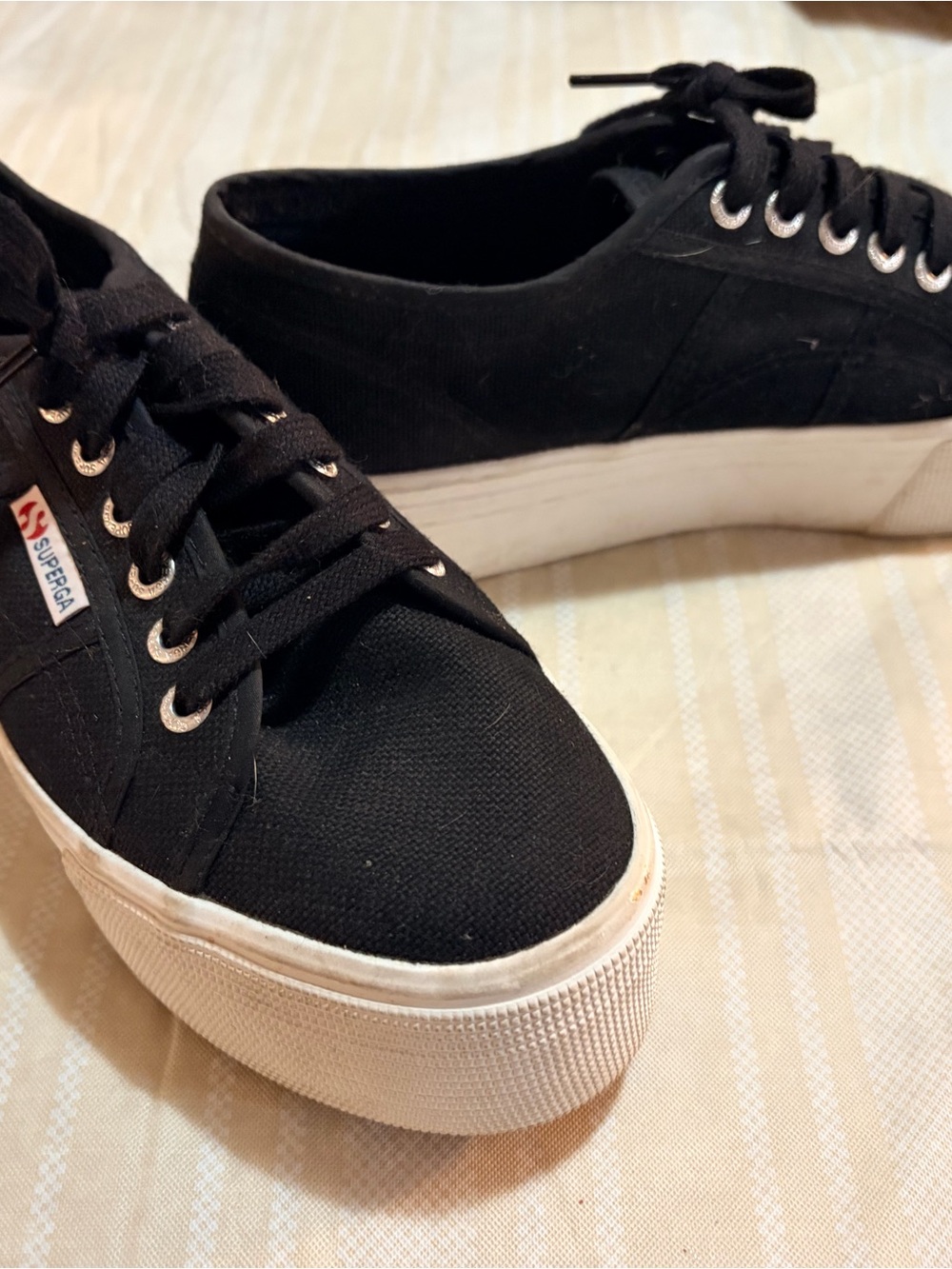 Superga Black Canvas Platform Lace-Up Sneakers with White Sole